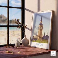 London Print Travel Poster featuring Big Ben, displayed elegantly in a bright room setting.