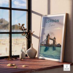 London travel poster print featuring Tower Bridge near a window, perfect for stylish home decor.