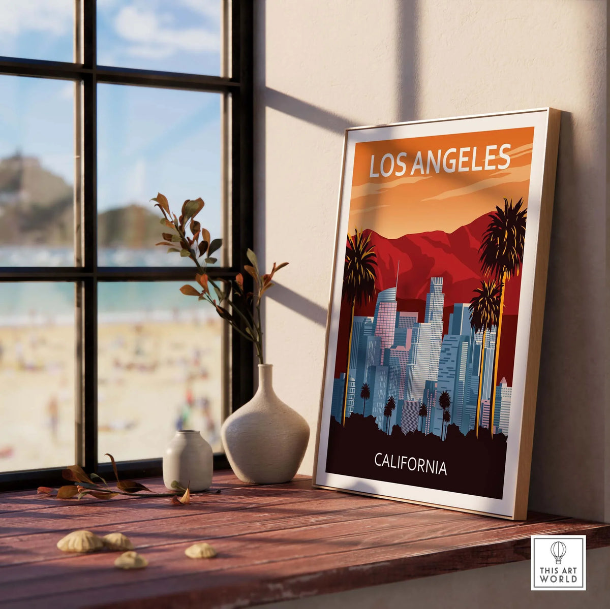 Los Angeles wall art print featuring California skyline and palm trees in a stylish minimalist frame.