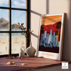 Los Angeles poster print displayed in a sunlit room, capturing vintage travel vibes with palm trees and city skyline.