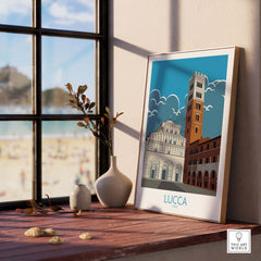 Lucca Print Italy Travel Poster artwork displayed in a modern interior with natural light.