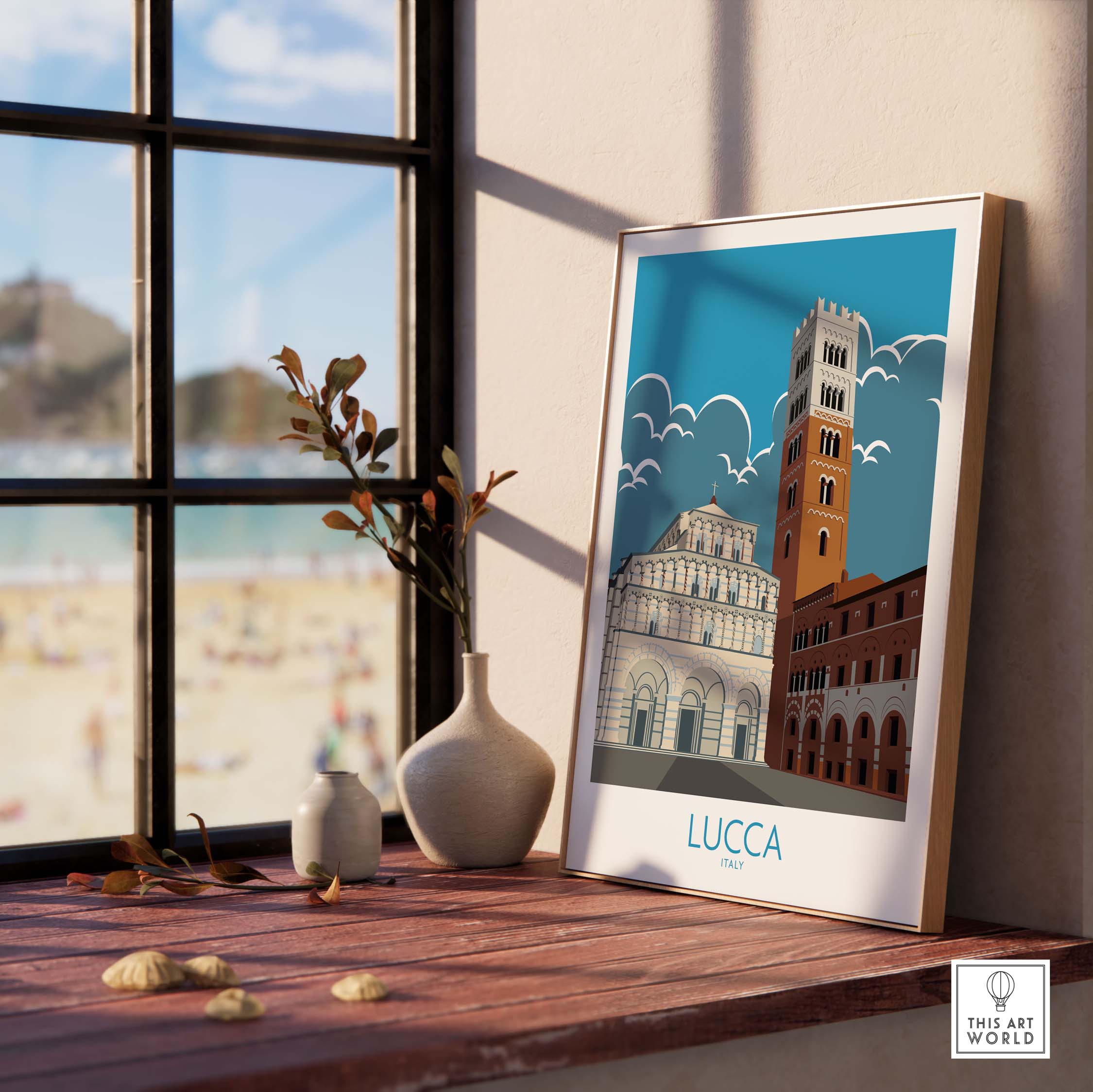 Lucca Print Italy Travel Poster artwork displayed in a modern interior with natural light.