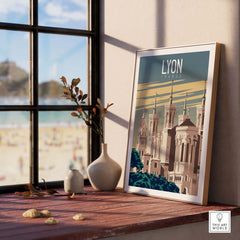 Lyon Print France Poster displayed in a stylish interior setting with beach view, capturing vintage travel art.