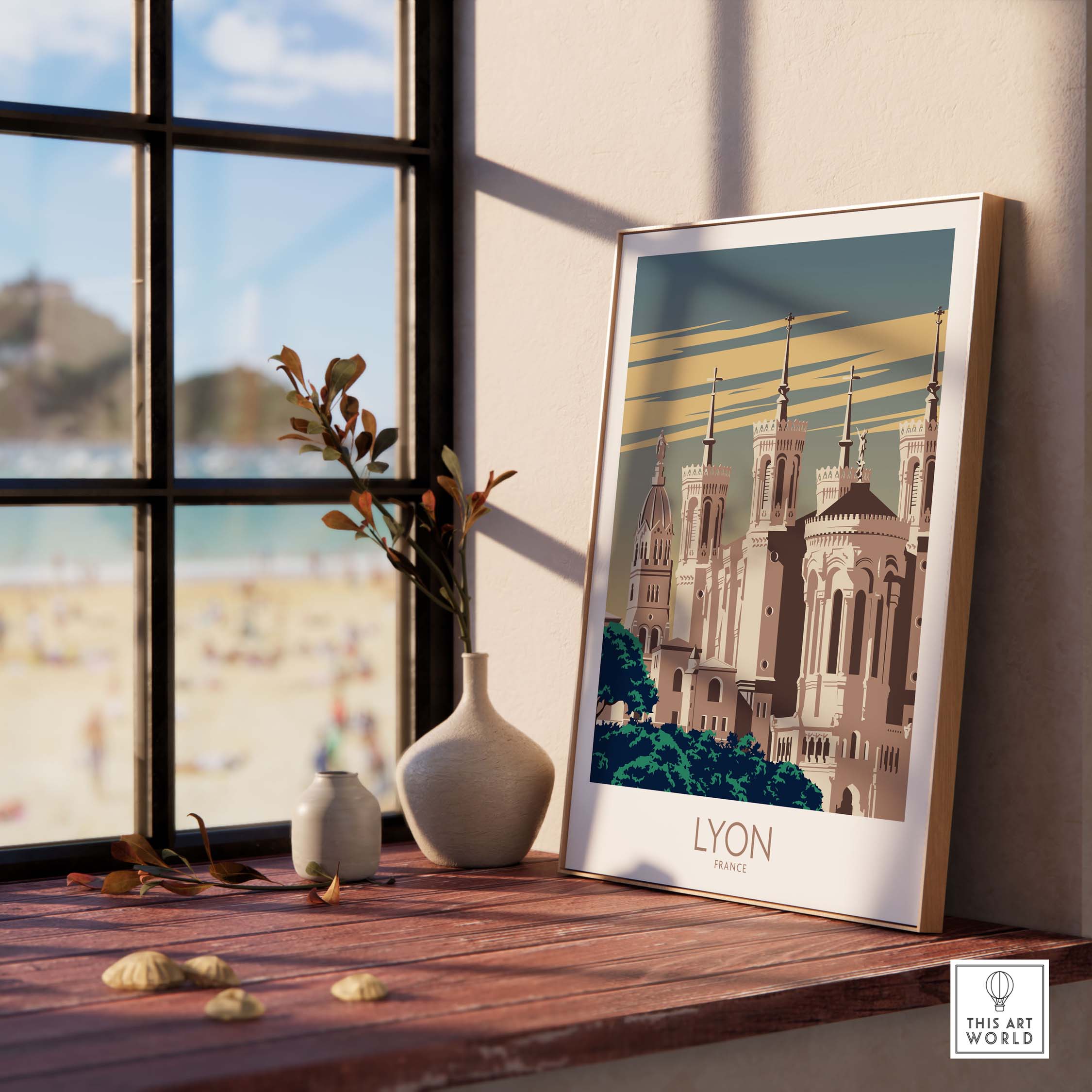Lyon Poster France Wall Art displayed indoors, framing a vintage-inspired travel design with a scenic view.