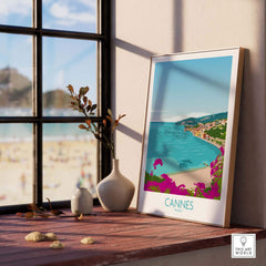 Cannes Print France art poster displayed on a windowsill, showcasing a minimalist travel design inspired by vintage aesthetics.