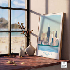 Chicago skyline print framed on a windowsill, showcasing vintage travel art inspired by the city's iconic architecture.