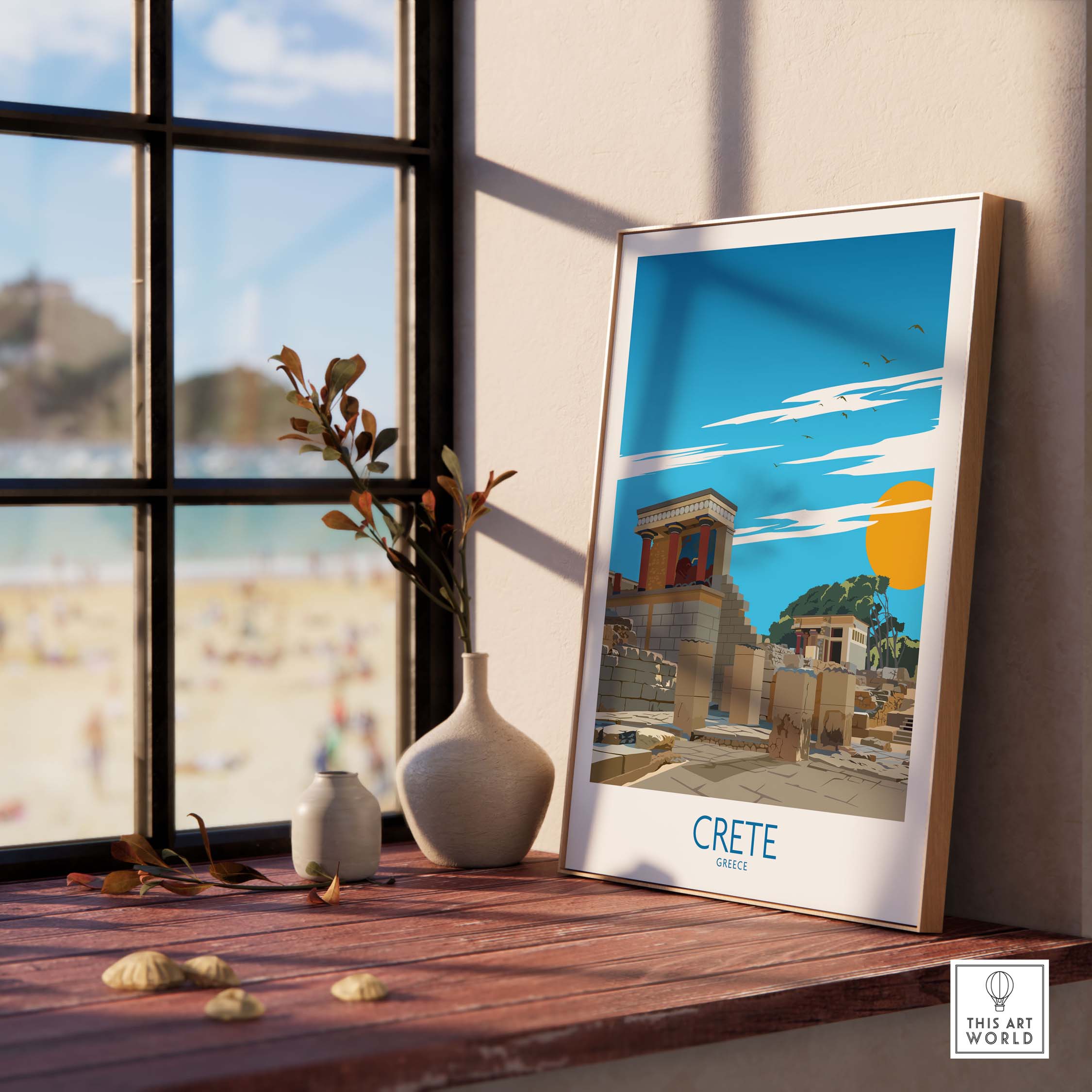 Framed Crete wall art print showcasing vibrant colors and a sunny beach view, perfect for home decor.