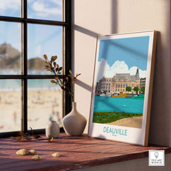 Deauville Travel Poster Print displayed in a stylish interior with beach view, capturing vintage travel vibes.