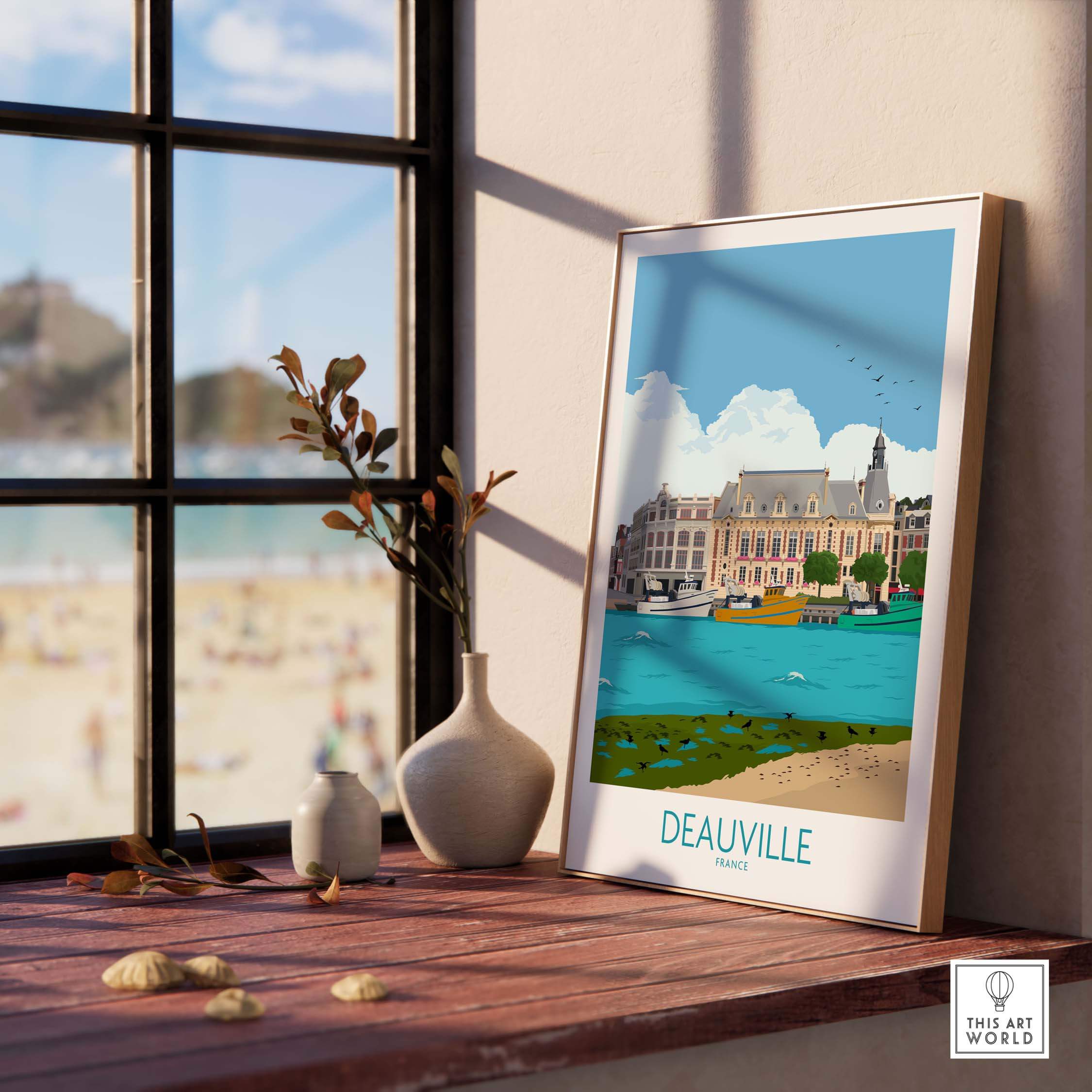 Deauville Travel Poster Print displayed in a stylish interior with beach view, capturing vintage travel vibes.