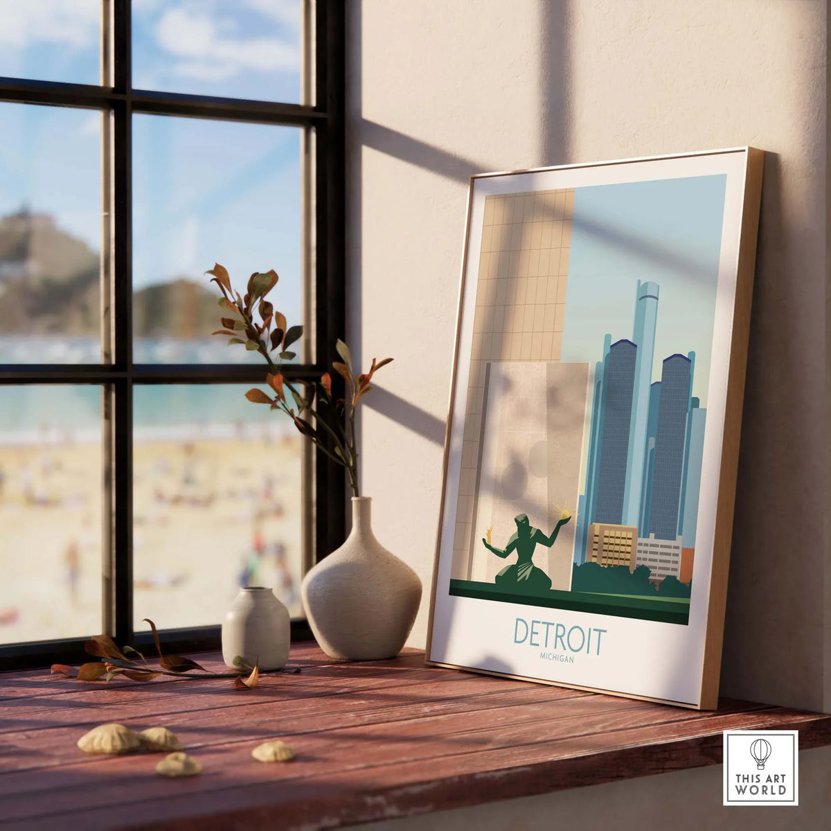 Detroit Wall Art Print displayed on a windowsill, featuring iconic Michigan skyline in minimalist style.