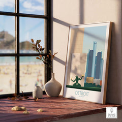 Detroit Wall Art Print displayed on a windowsill, featuring iconic Michigan skyline in minimalist style.