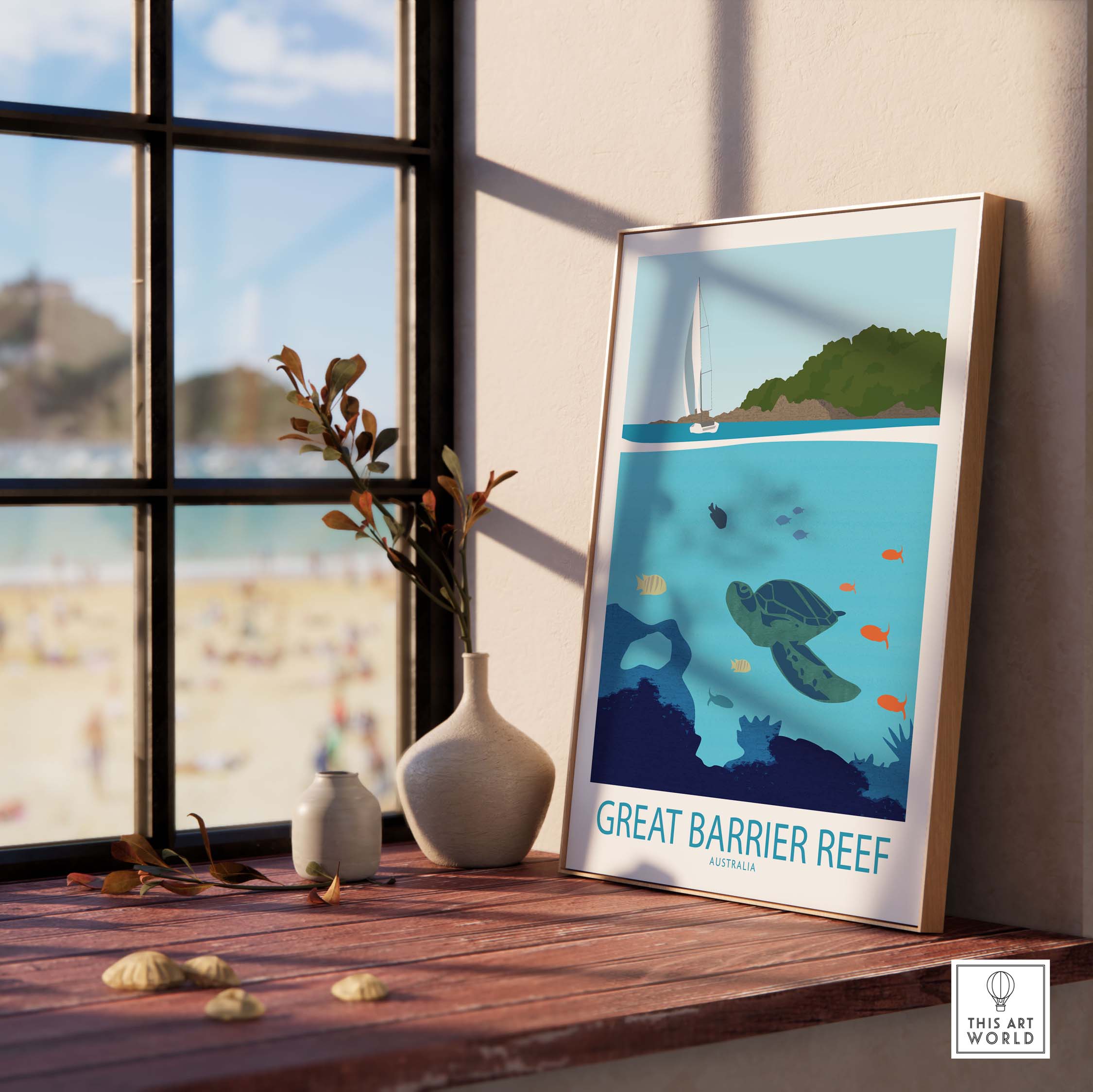 Great Barrier Reef poster in a sunlit room showcasing marine life, perfect for home or office wall decor.