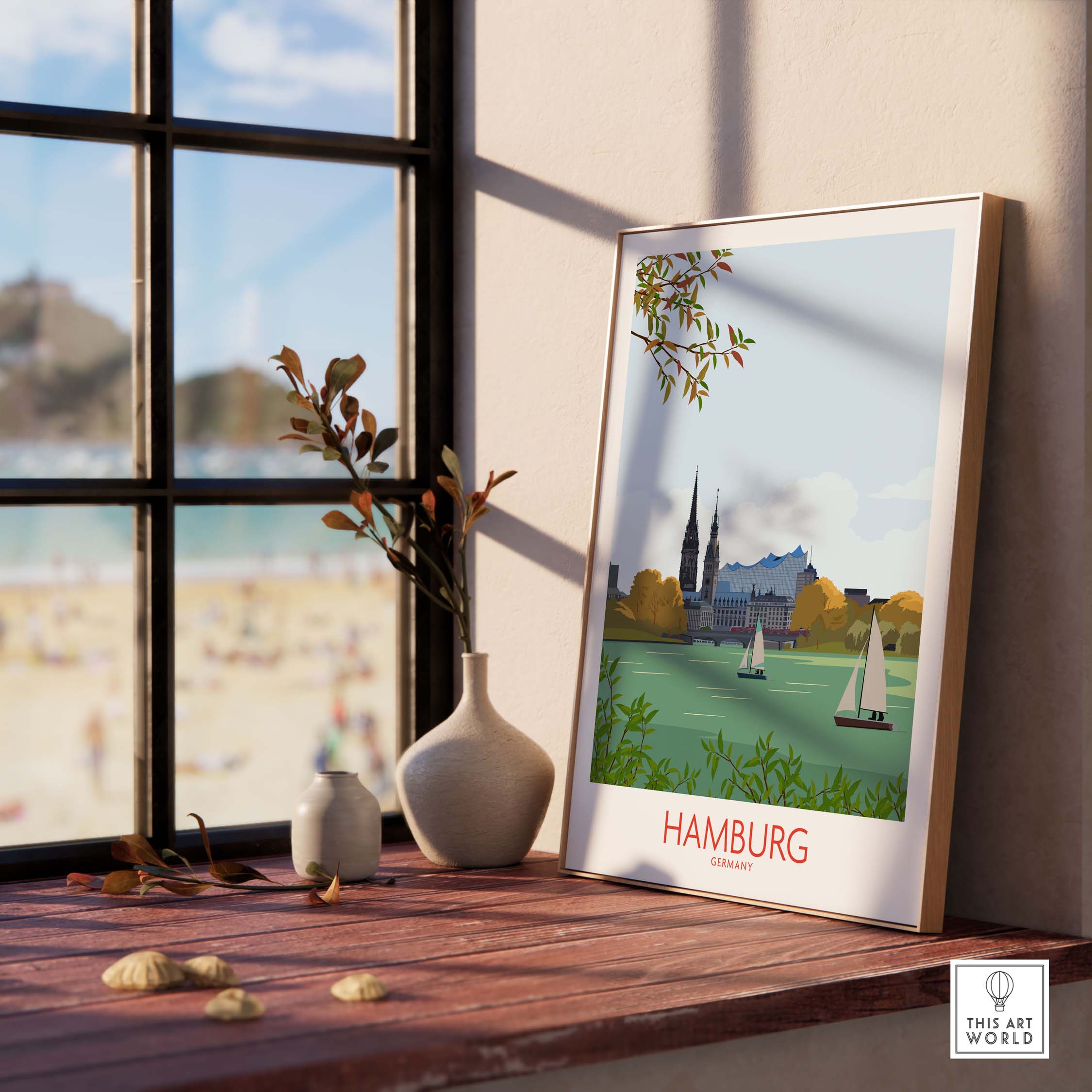 Hamburg Germany wall art print in a modern interior setting with a beach view.
