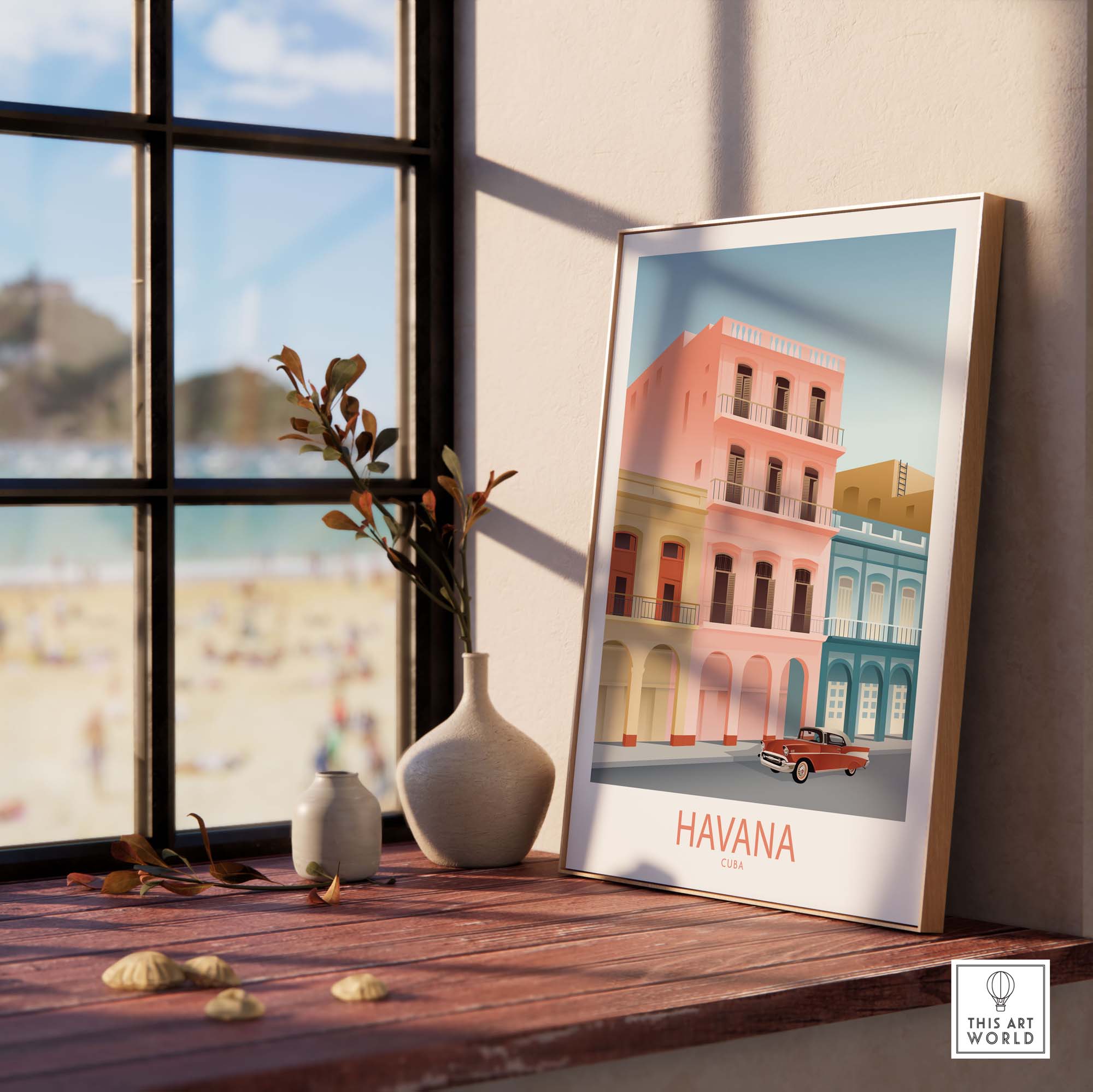 Havana Cuba wall art print featuring pastel buildings, displayed in a bright home interior setting.