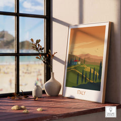 Italy wall art print displayed indoors, showcasing a vintage travel poster with a landscape scene.