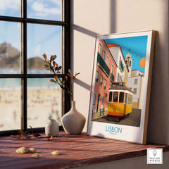 Lisbon wall art print featuring vintage tram and colorful buildings in a sunny setting, perfect for home decor.