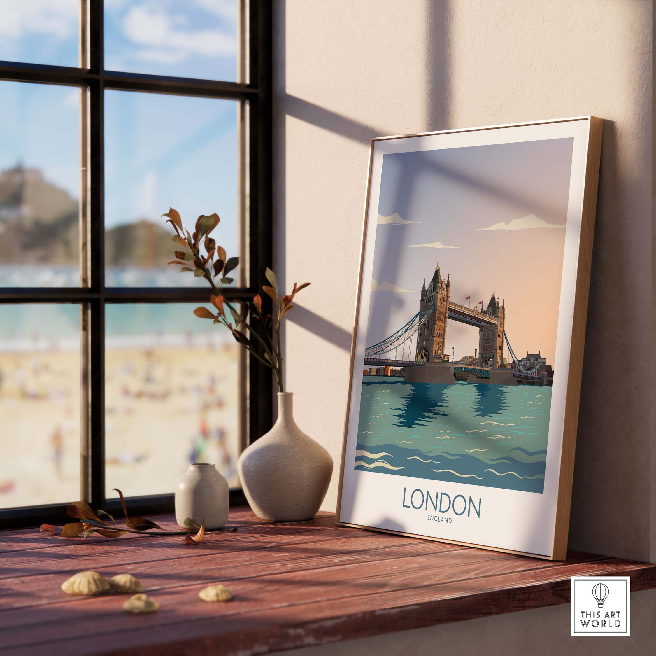 Framed London wall art print featuring Tower Bridge, perfect for travel enthusiasts and home decor.