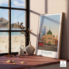Melbourne Poster showcasing iconic architecture, framed art print for stylish home decor inspired by vintage travel themes.