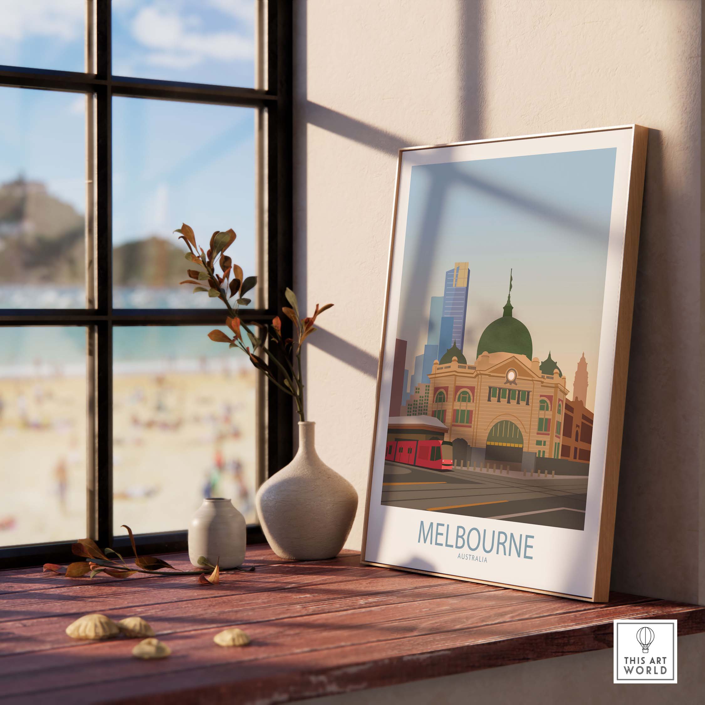 Melbourne Poster showcasing iconic architecture, framed art print for stylish home decor inspired by vintage travel themes.