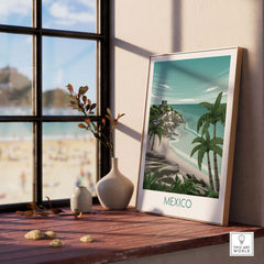 Mexico Wall Art Print featuring a beach scene with palm trees, framed and displayed by a window.