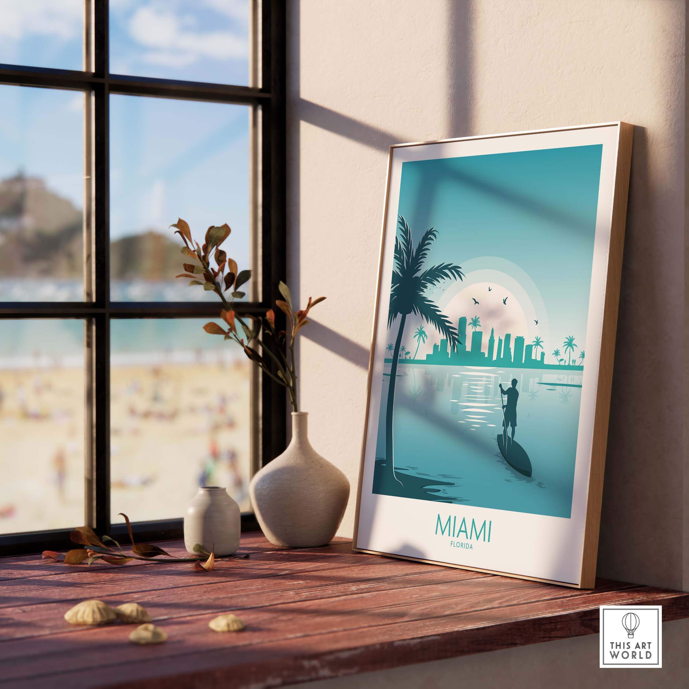 Miami wall art print featuring a minimalist travel poster design with palm trees and skyline.