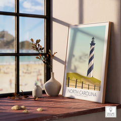 North Carolina wall art print featuring a lighthouse, perfect for travel decor in minimalist style.