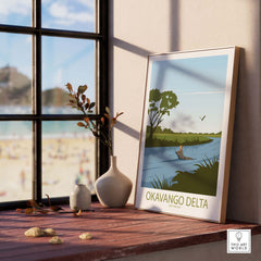 Okavango Delta poster featuring a serene landscape, displayed in a stylish interior, promoting travel inspiration.