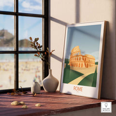 Framed Rome Wall Art Print featuring the Colosseum, showcasing vintage travel style in a stylish interior setting.