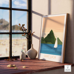 Saint Lucia Caribbean Poster featuring a sailboat and mountains, displayed in a sunny room with a beach view.