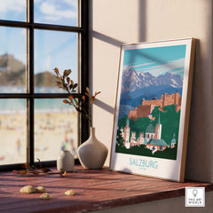 Framed Salzburg wall art print featuring historic buildings and mountains, ideal for travel enthusiasts.