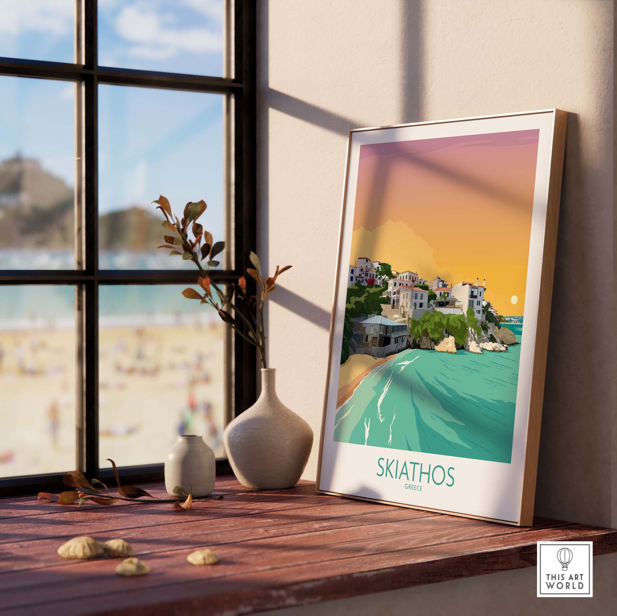 Skiathos wall art print displayed on a windowsill with beach view, showcasing Greece's coastal beauty in a minimalist style.