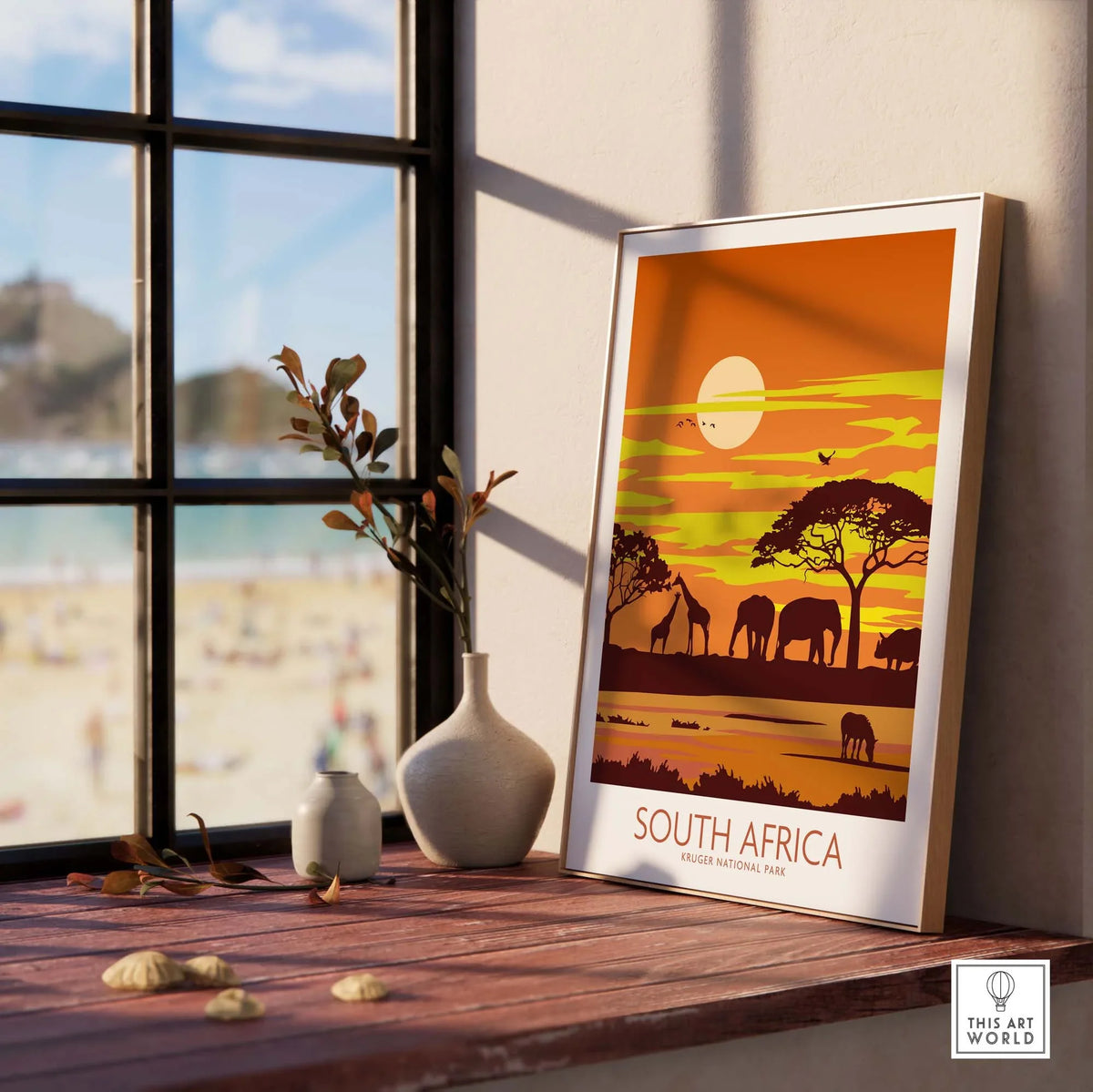 South Africa print of Kruger National Park in a minimalist frame on a sunny windowsill.