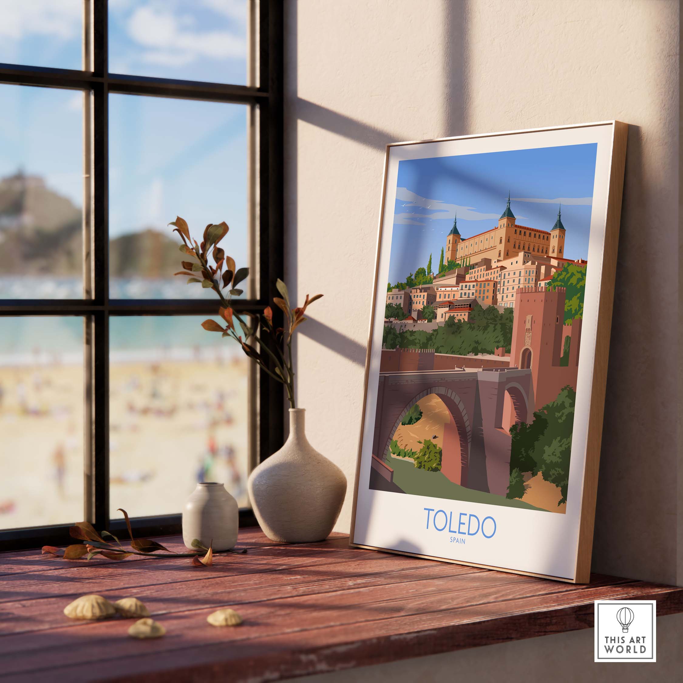Toledo wall art print showcasing a picturesque Spain landscape in a minimalist style, perfect for home decor.