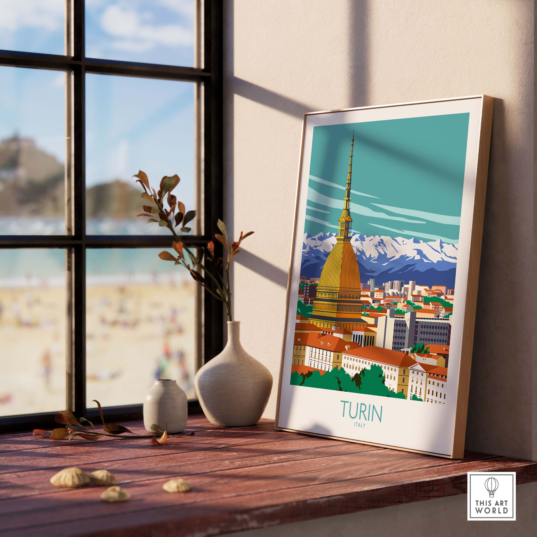Turin Wall Art Print showcasing iconic landmarks in a minimalist style, framed next to a window with a view.