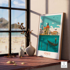 Venice Italy poster print featuring a gondola and vintage architecture, displayed on a sunlit windowsill.