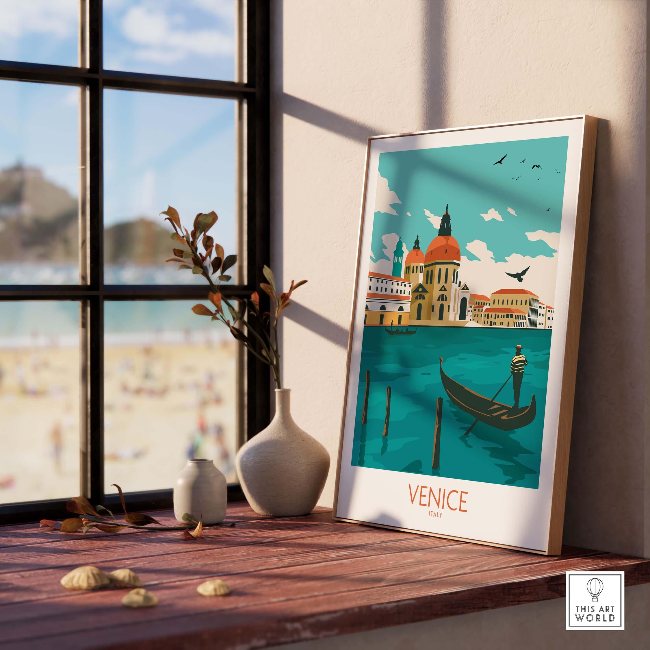 Venice Italy poster print featuring a gondola and vintage architecture, displayed on a sunlit windowsill.