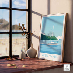 Virgin Islands wall art print displayed in a modern interior, capturing travel nostalgia in minimalist style.