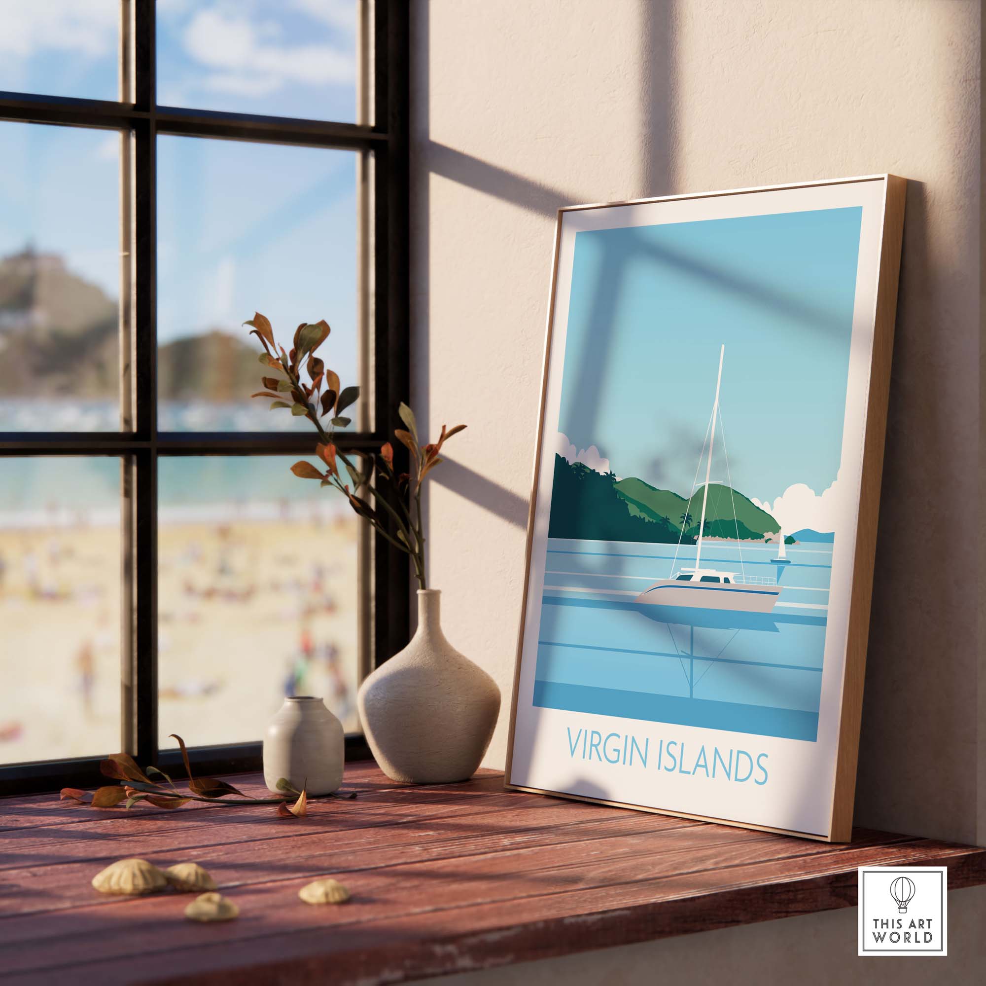 Virgin Islands wall art print displayed in a modern interior, capturing travel nostalgia in minimalist style.