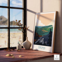 Virginia wall art print featuring mountains and trees, styled in a clean minimalist design for home decor.