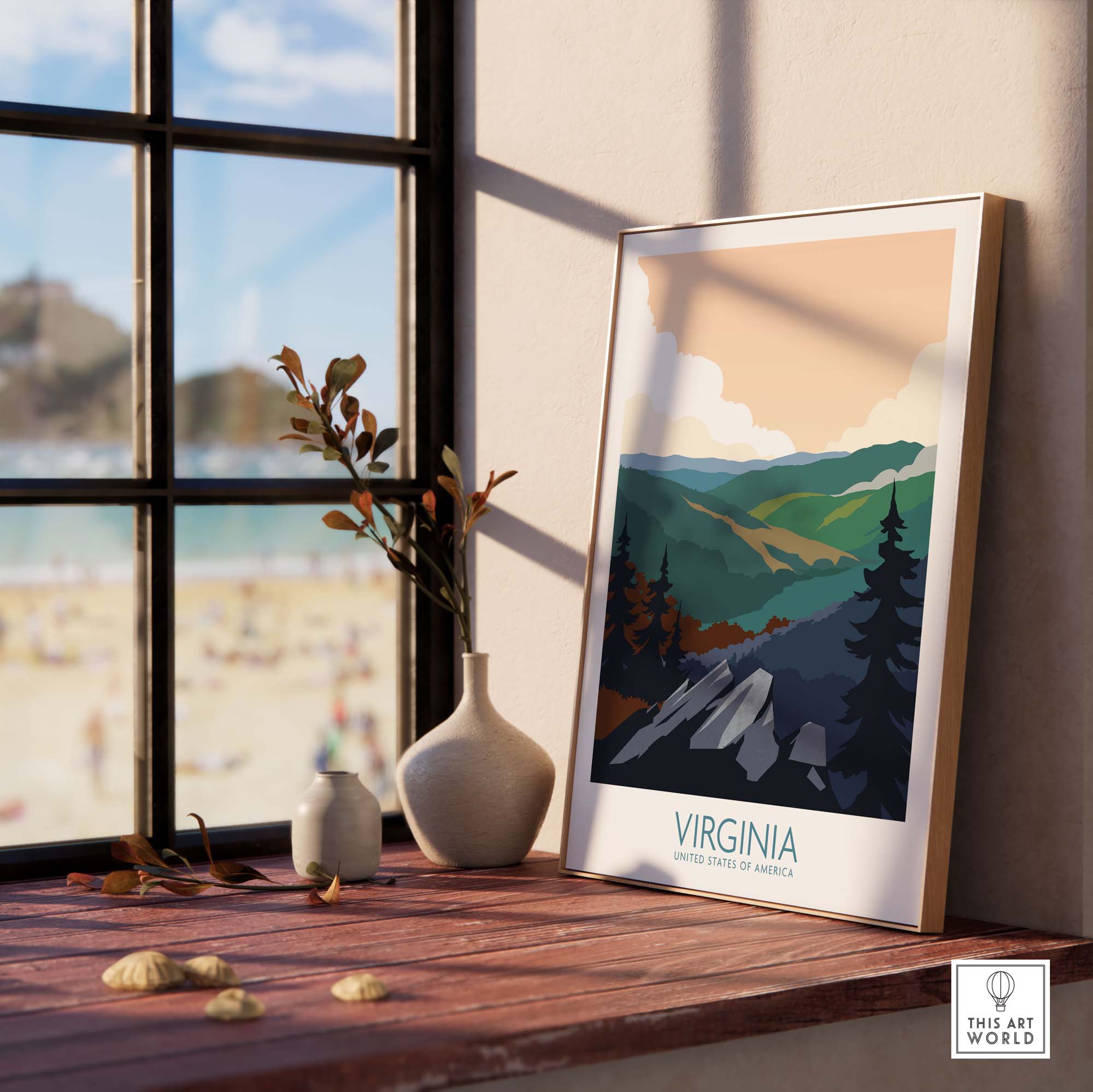 Virginia wall art print featuring mountains and trees, styled in a clean minimalist design for home decor.
