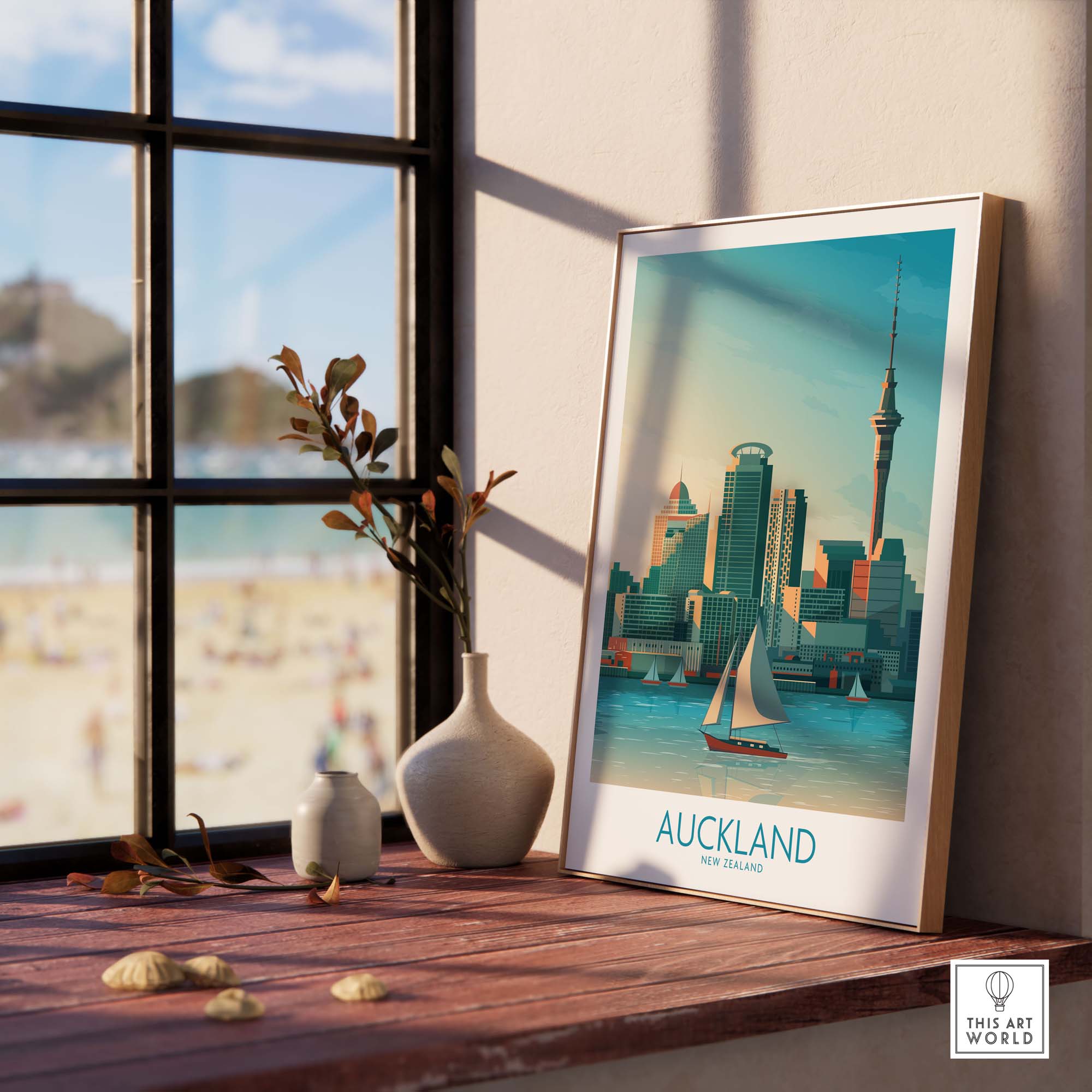 Auckland wall art print displayed in a stylish interior, featuring the skyline and sailing boats, inspired by vintage travel posters.