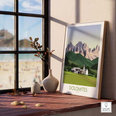 Dolomites wall art print featuring a minimalist landscape design, displayed by a window in a stylish interior.