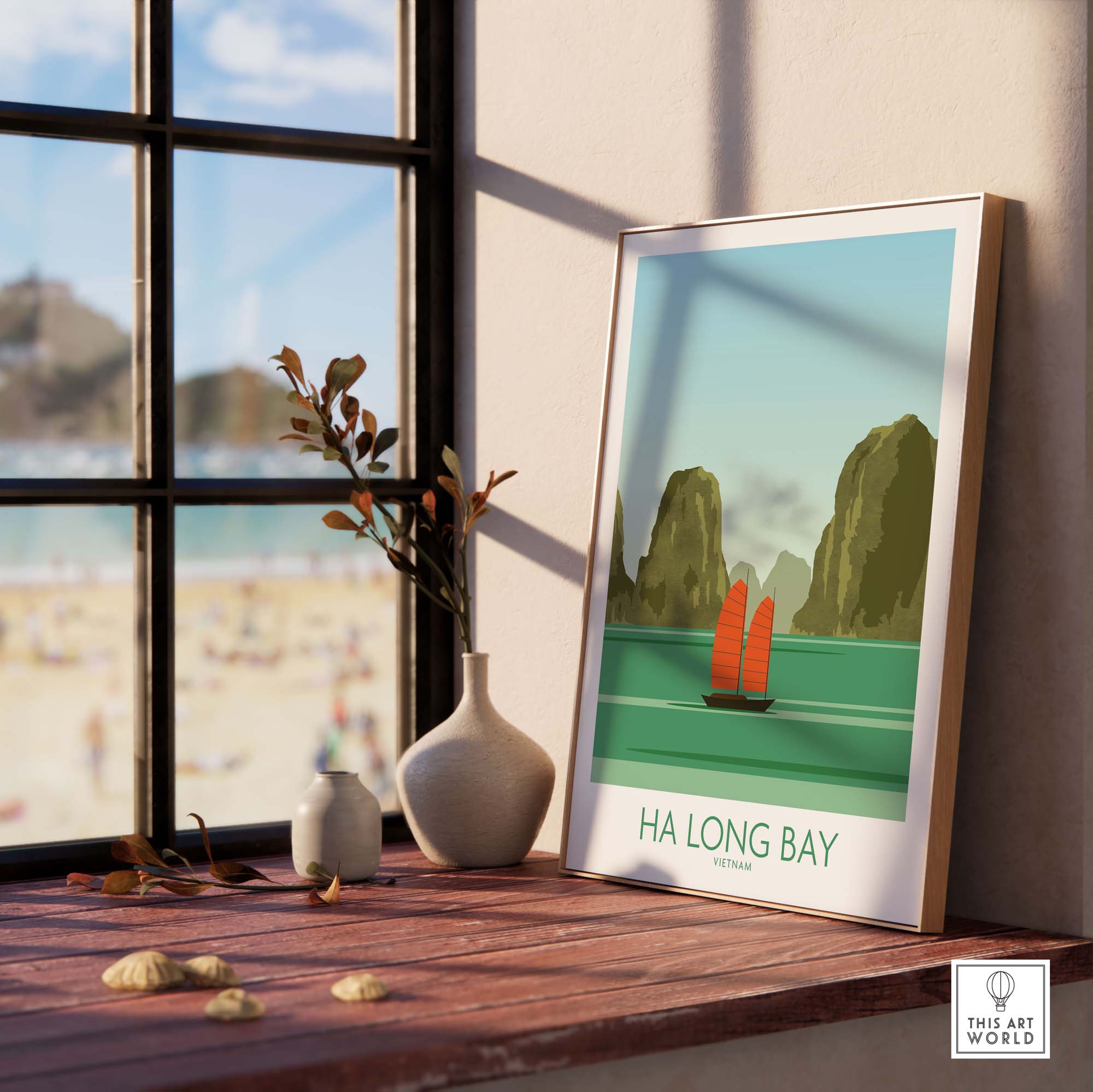 Ha Long Bay print displayed in a minimalist frame, showcasing Vietnam's scenic landscape and traditional boats.