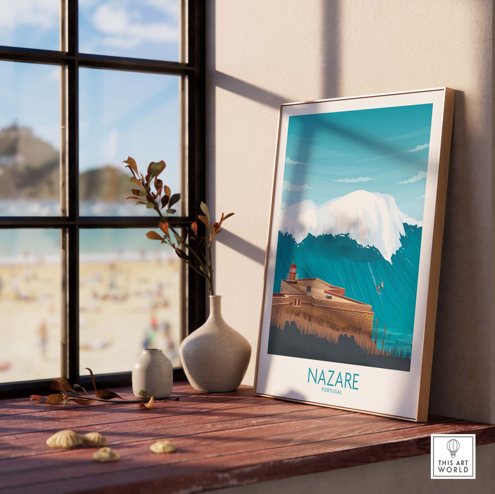 Nazare Wall Art Print showcasing Lisbon's beauty and vintage design with waves in a minimalist frame.