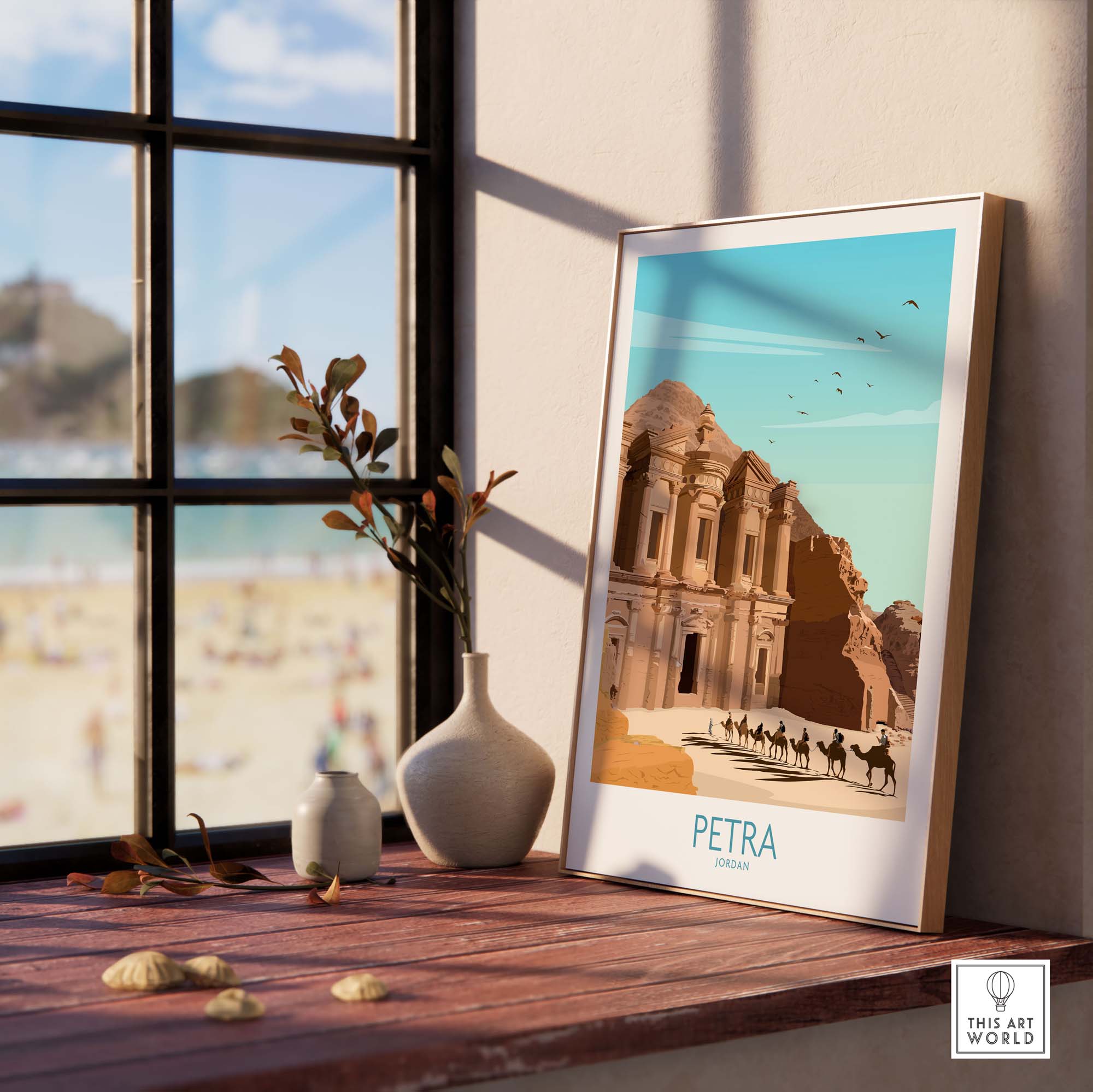 Petra wall art print showcasing the iconic treasury building, created in a vintage minimalist style.