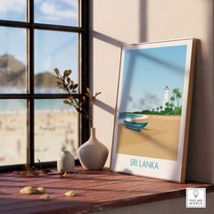 Sri Lanka wall art print featuring a beach scene with a lighthouse and boat in a stylish frame.