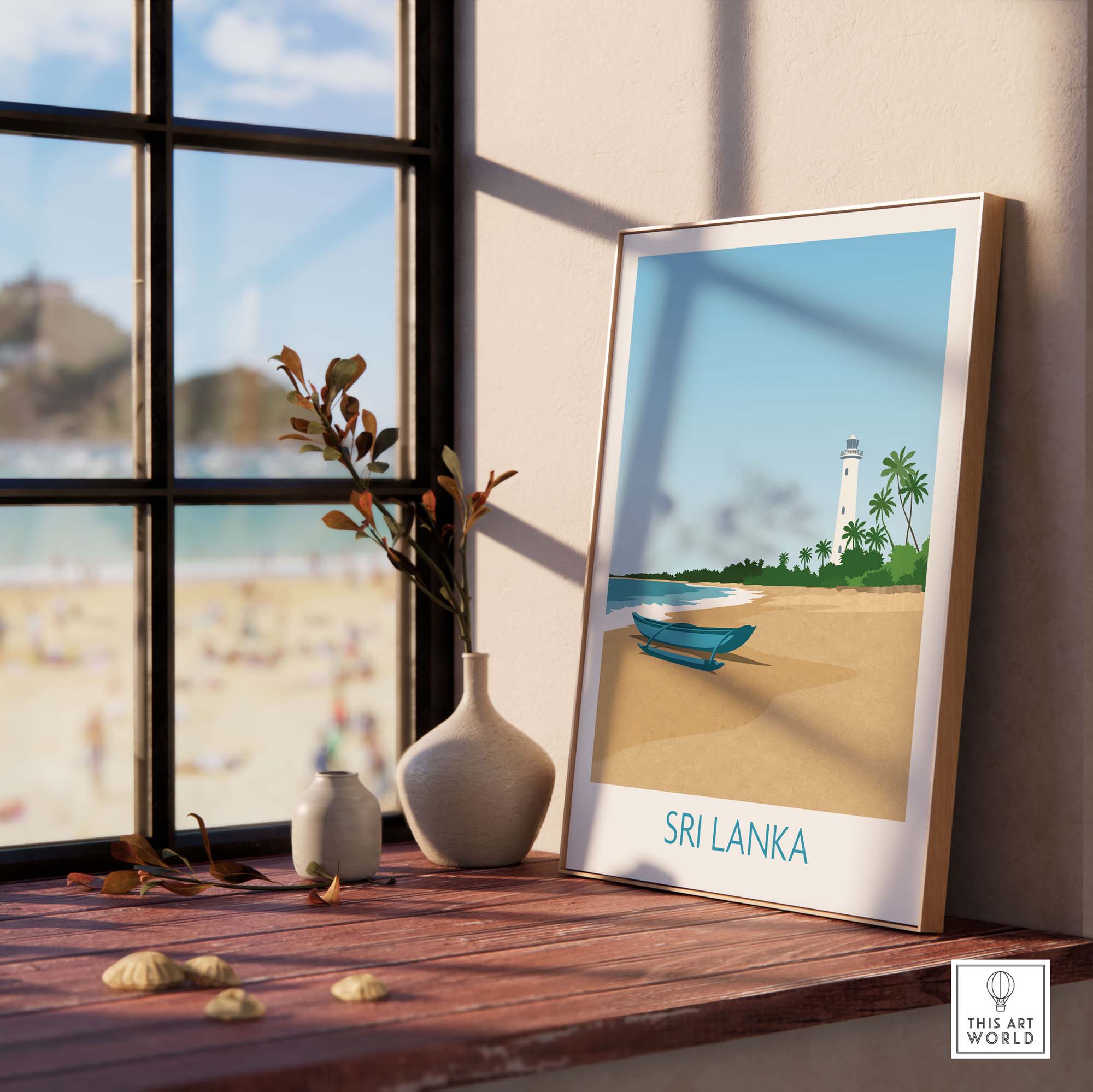 Sri Lanka wall art print featuring a beach scene with a lighthouse and boat in a stylish frame.