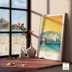 Sydney Australia travel poster displayed near a window, showcasing minimalist vintage art.