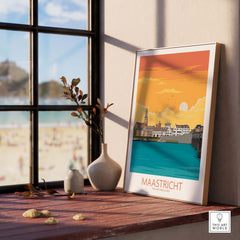 Maastricht Travel Poster featuring vibrant sunset and iconic cityscape, perfect for home decor.