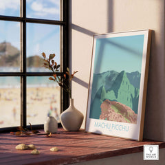 Machu Picchu Print showcasing vintage travel art, framed near a window with a beach view, perfect for home decor.